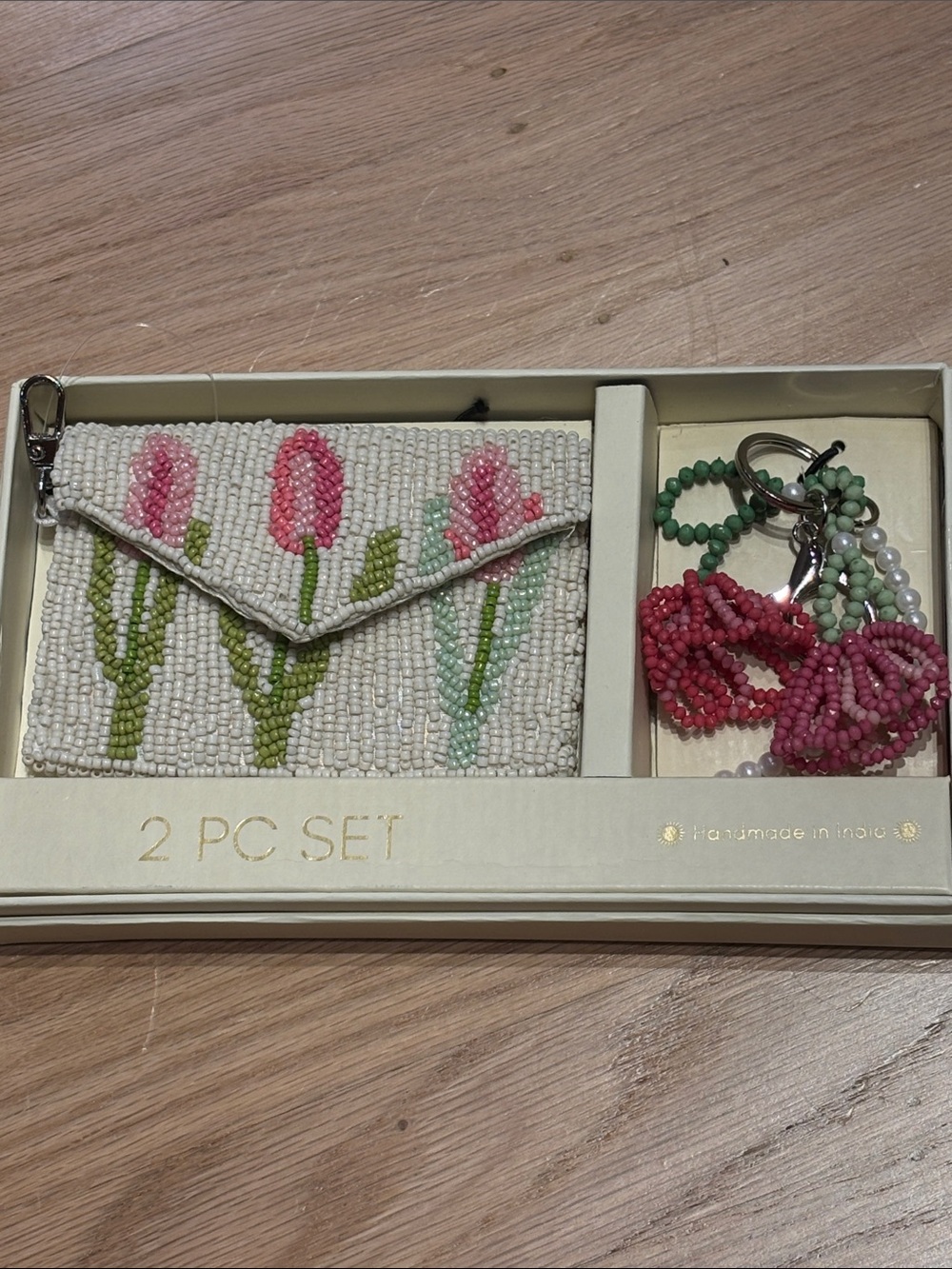 NIB Beaded Tulip Envelope Clutch and Keychain Set - Pink